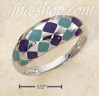 Sterling Silver ENAMEL PURPLE & GREEN DIAMOND PATTERNED DOME RIN - Click Image to Close