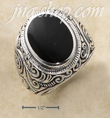 Sterling Silver MENS LG BEZEL SET OVAL ONYX RING WITH TAPERED SC - Click Image to Close
