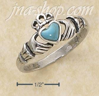 Sterling Silver SMALL ANTIQUED CLADDAGH RING W/ TURQUOISE HEART - Click Image to Close