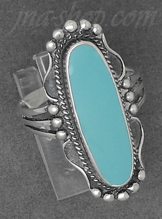Sterling Silver LONG OVAL TURQUOISE RING W/ ROPE & BEADED EDGING - Click Image to Close