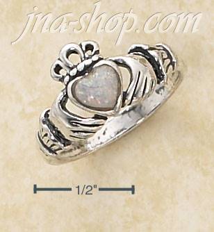 Sterling Silver SMALL ANTIQUED CLADDAGH RING W/ WHITE OPAL HEART - Click Image to Close