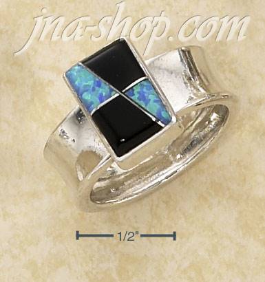 Sterling Silver BLUE LAB OPAL & JET SQUARE INLAY SETTING ON WIDE - Click Image to Close