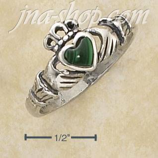 Sterling Silver SMALL ANTIQUED CLADDAGH RING W/ MALACHITE HEART - Click Image to Close