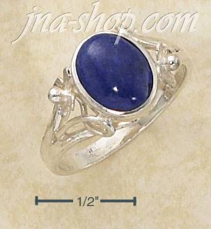 Sterling Silver OVAL LAPIS RING W/ SMALL FLOWER SCROLLED SPLIT S - Click Image to Close