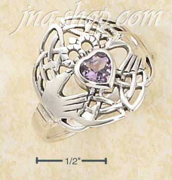Sterling Silver MODERN CLADDAGH RING WITH HEART SHAPED AMETHYST - Click Image to Close