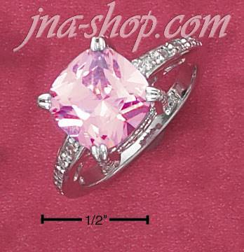 Sterling Silver 10MM PRINCESS CUT CUSHION PINK CZ RING W/ PAVE S - Click Image to Close