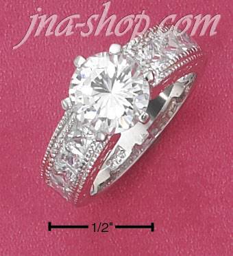 Sterling Silver 2 PC 8MM ROUND CZ W/ PRINCESS CUT SIDE STONES & - Click Image to Close