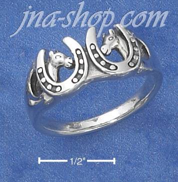 Sterling Silver DOUBLE HORSE HEADS IN HORSESHOES RING (NICKEL FR - Click Image to Close