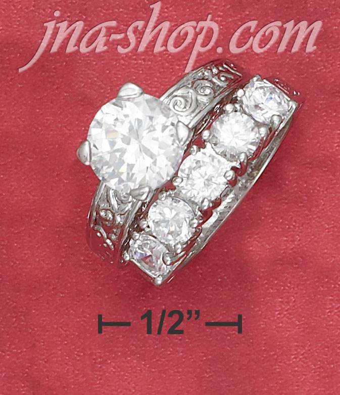 Sterling Silver RP 9M RND SOL CZ WED SET W/STAMPED FILI SHNK & 5 - Click Image to Close