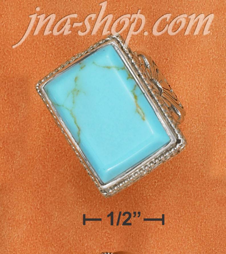 Sterling Silver 13X18MM RECTANGULAR TURQUOISE RING WITH FLORAL F - Click Image to Close