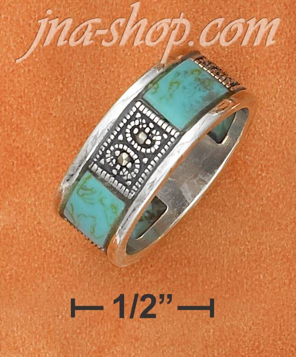 Sterling Silver TURQUOISE & MARCASITE W/ 8MM BAND RING - Click Image to Close