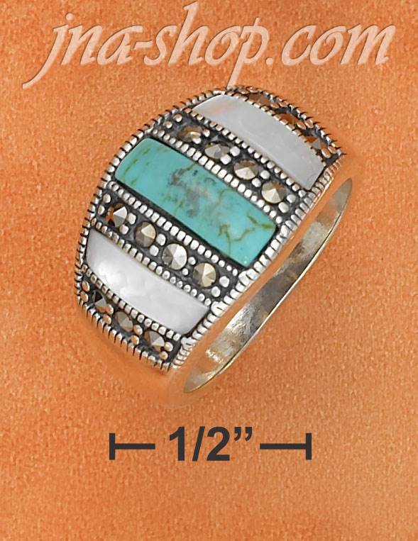 Sterling Silver TURQUOISE & MOP W/ MARCASITE DIVIDERS DOME RING - Click Image to Close