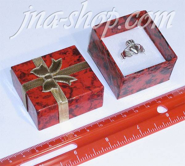 RED MARBLE CARDBOARD RING BOX W/ GOLD BOW 1 7/8" x 1 6/8" x 1 2/ - Click Image to Close