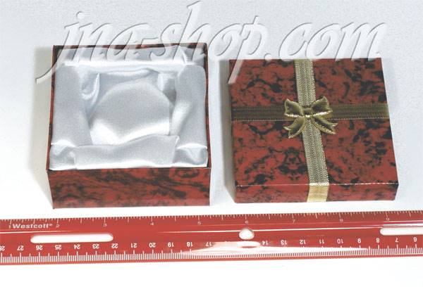 RED MARBLE CARDBOARD PIN/BRACELET BOX W/GOLD BOW 3-2/8" X 2-2/8 " X - Click Image to Close