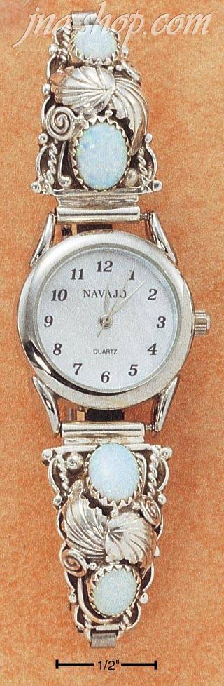 Sterling Silver LADIES WATCH W/ LAB OPAL & LEAF TIPS WHITE FACE - Click Image to Close
