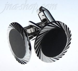 Sterling Silver Round Cufflinks w/Diamond-cut Border & Synth Bla