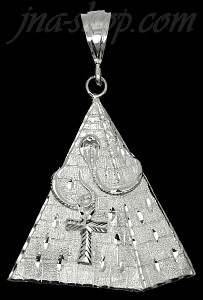 Sterling Silver Diamond-Cut Very Large Egyptian Pyramid w/Cobra & Ankh Pendant