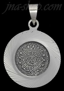 Sterling Silver Aztec Sun Calendar Pendant w/Swirling Diamond-cut Border 31mm