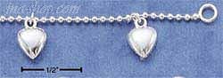 Sterling Silver 7" FINE BEAD CHAIN W/ DANGLING HEART CHARMS BRAC