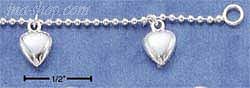 Sterling Silver 7" FINE BEAD CHAIN W/ DANGLING HEART CHARMS BRAC