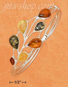 Sterling Silver MULTICOLOR AMBER TEARDROPS HINGED BRACELET W/ LA