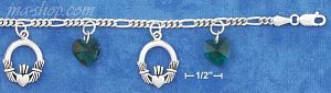 Sterling Silver 7"-8" ADJ FIG CHARM BRACELET W/ 10MM GRN GLASS H