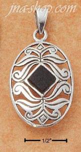 Sterling Silver OVAL FILIGREE W/ DIAMOND-SHAPED ONYX PENDANT