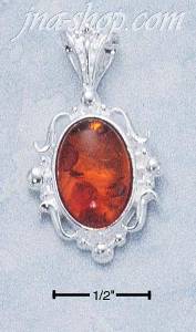 Sterling Silver OVAL CABOCHON GENUINE AMBER PENDANT W/ FANCY SCR