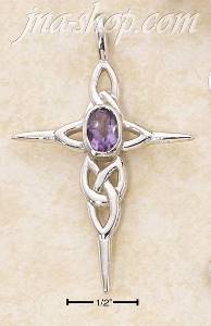 Sterling Silver CELTIC KNOT CROSS WITH OVAL AMETHYST STONE