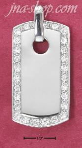 Sterling Silver LARGE HIGH POLISH DOG TAG PENDANT WITH CZ BORDER