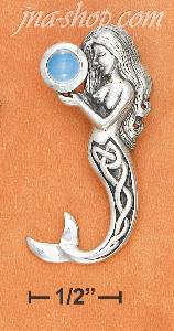 Sterling Silver LARGE CELTIC MERMAID HOLDING BLUE TOPAZ GEMSTONE