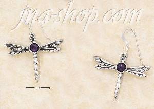 Sterling Silver DRAGON FLY W/ AMETHYST CAB FRENCH WIRE EARRINGS