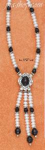 Sterling Silver 16-18" ADJ ONYX & PEARL NECKLACE W/ CABOCHON PEN