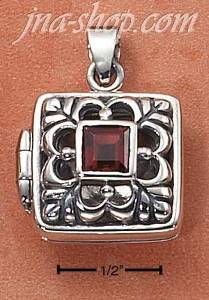 Sterling Silver OPEN FILIGREE SQUARE LOCKET W/ GENUINE GARNET