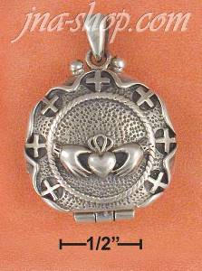 Sterling Silver ANTIQ CLADDAGH LOCKET W/CROSS BORDER & FILIGREE