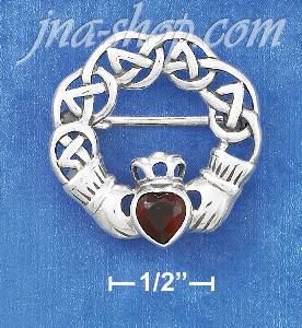 Sterling Silver CELTIC DESIGN CLADDAGH W/ SYNTHETIC GARNET CENTE