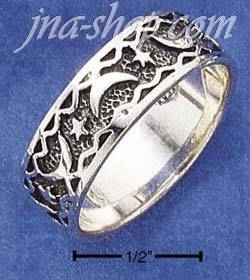 Sterling Silver FANCY MOON & STAR DETAILED BAND RING