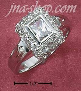 Sterling Silver WOMENS EMERALD CUT CLEAR CZ RING W/ FANCY BORDER