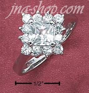 Sterling Silver WOMENS SQUARE CZ RING W/ CZ BORDER ON PLAIN BAND