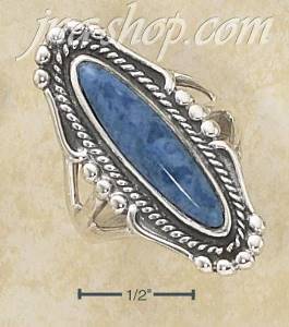 Sterling Silver LONG OVAL DENIM LAPIS RING W/ ROPE & BEADED EDGI