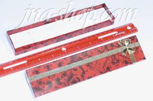 RED MARBLE CARDBOARD BRACELET BOX W/ GOLD BOW 8" x 1 3/4" x 6/8"